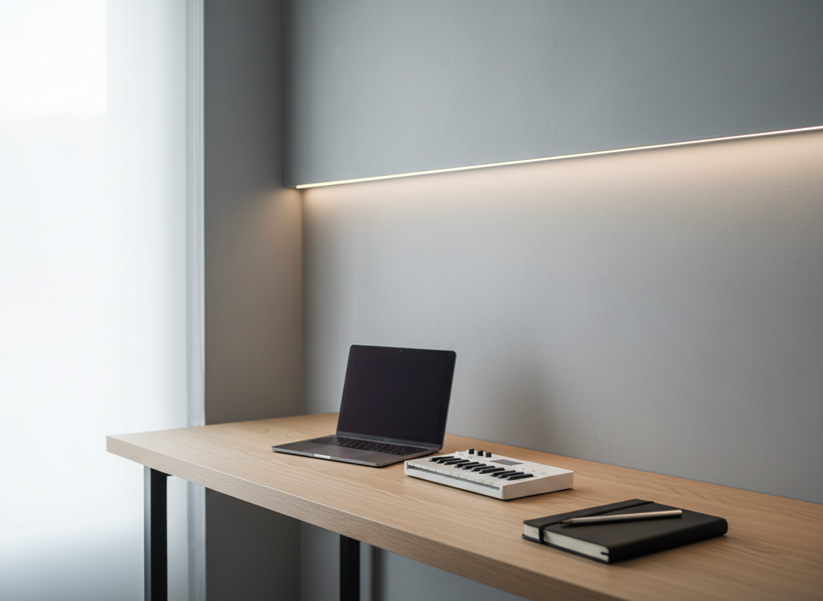 Un espacio híbrido de estudio y reflexión creativa: sobre una mesa de roble claro se combinan un portátil ultradelgado, un pequeño teclado MIDI blanco y una libreta negra cerrada con textura de cuero, sobre la que descansa un lápiz metálico. Al fondo, una pared con acabado de microcemento gris suave tiene una delgada línea de luz LED continua que recorre horizontalmente, aportando un toque futurista. La iluminación principal es una luz difusa, casi etérea, que entra desde una ventana lateral, suavizando todos los contornos. El ambiente es sereno y sofisticado, con composición en regla de tercios y profundidad de campo media, perfecto para ilustrar un blog sobre ideas, procesos y conceptos en torno al diseño y la música.