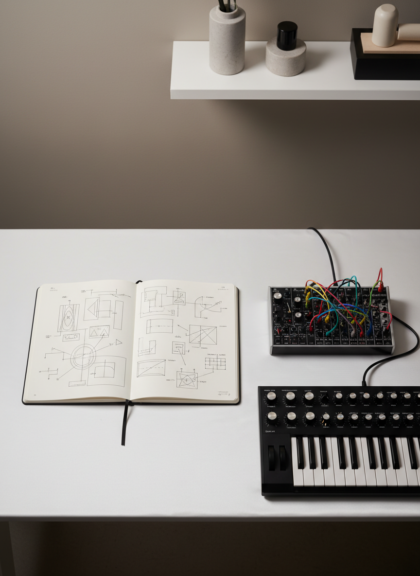 Una mesa amplia de estudio con superficie blanca satinada donde se extiende un cuaderno de bocetos abierto, lleno de diagramas abstractos de diseño sonoro representados por líneas y formas gráficas sin texto. Junto a él, un controlador MIDI compacto de color negro con perillas metálicas, un teclado controlador de 25 teclas y un pequeño sintetizador modular con cables de colores cuidadosamente organizados. Al fondo se ve una pared lisa en tono gris cálido con una repisa flotante que sostiene discretos objetos de diseño contemporáneo. La iluminación es de estudio, suave y uniforme, creando sombras delicadas que realzan las texturas. Composición fotográfica en plano cenital, estética limpia y moderna, con atmósfera reflexiva y creativa, ideal para una sección de procesos en un portafolio de diseño musical.
